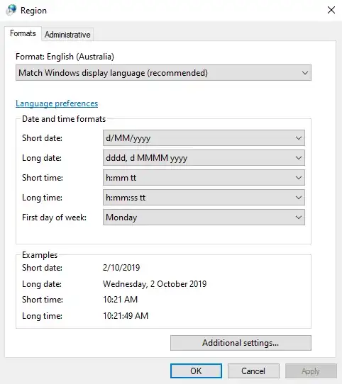 Screenshot of control panel applet