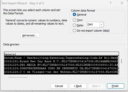 Import wizard fixed length step 3 of 3