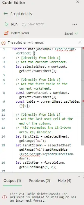 Script showing "ExcelScript" and "Line 25..." errors