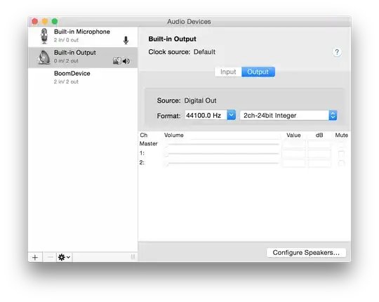The Audio MIDI Setup panel only showing 2-channel output