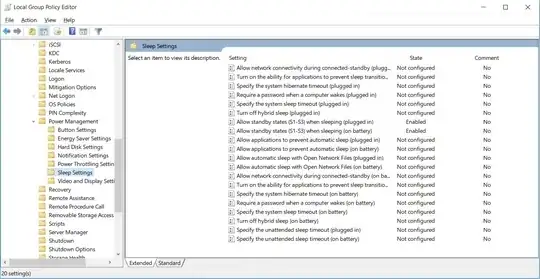 Group policy editor, sleep settings