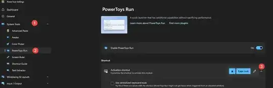 Navigation to the PowerTyos Run setting: PowerToys->System Tools->Powertoys Run