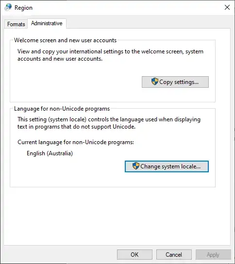 Screenshot of Administrative tab