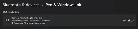 A toggle in the "Bluetooth & devices > Pen & Windows Ink" section of the Settings app, entitled "Use your handwriting to enter text" with the description "Write directly into text fields when it's supported"