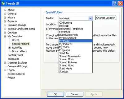 Screenshot of Special Folders section of TweakUI