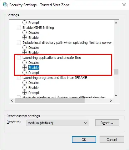 Enable "Launching applications and unsafe files"