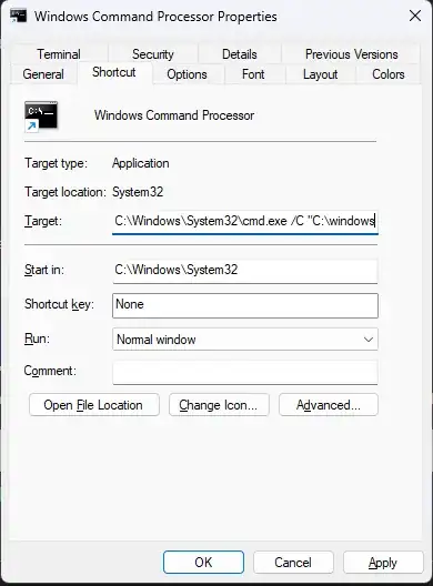 Shortcut tab of Properties of Shortcut/.lnk file