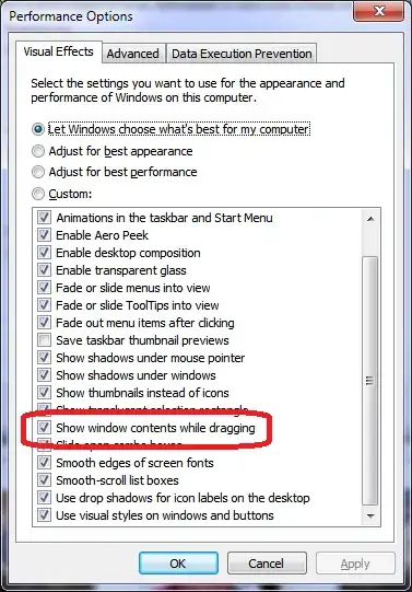 Click Show window contents while dragging