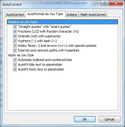 AutoCorrect options list