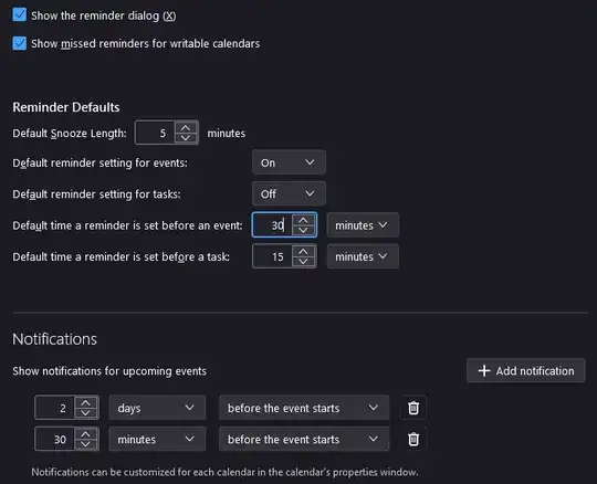 Thunderbird on Windows in dark mode, showing the reminder defaults and notification settings. Here two notifications are created for calendar events, one alarms two days prior and the other 30 minutes before it starts.