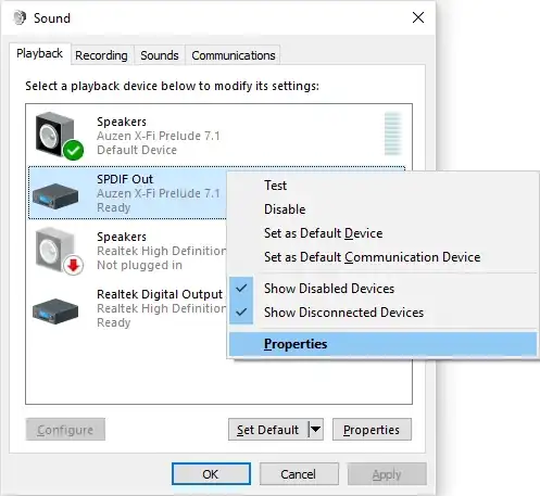 Windows' Sound window showing SPDIF Out playback device