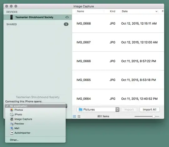 Screenshot of Image Capture showing dropdown list, with "No application" selected