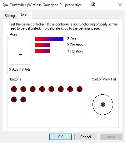 Figure 9: Game Controllers > Controller (Wireless Gamepad F710) > Properties – LT Button Pressed