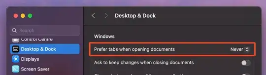 Go to: System Preferences > Desktop & Dock > Windows > Prefer tabs when opening documents > Never
