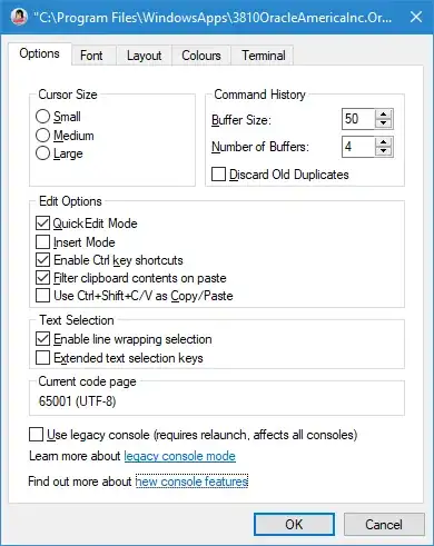 WSL console window properties showing code page 65001