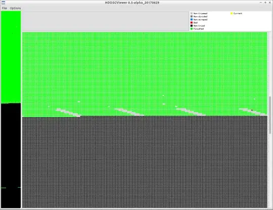 At about 47% of the recovery serious issues start to appear, the alternating stripes of good reads (green) and bad reads (grey) indicate that one head has failed.