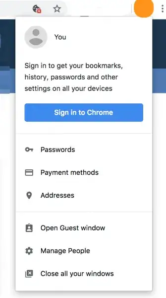 Expanded sync panel of Google Chrome, with user photo displayed but covered manually, and "Sign in to Chrome" button visible
