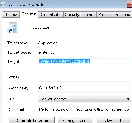 Windows 10 Calculator Properties, Shortcut tab