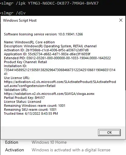 online - "RTM Generic Key (retail)" - "Licensed"  "The machine is permanently activated"