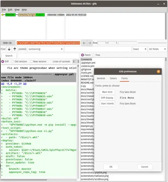 screenshot of gitk with yaru theme