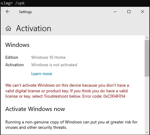 no valid key - "Windows is not activated"