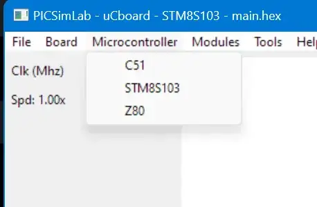 PICSimLab microcontroller selection menu