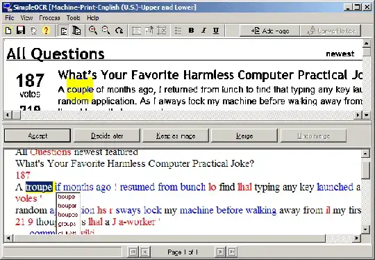 SimpleOCR screenshot showing GUI for correcting errors