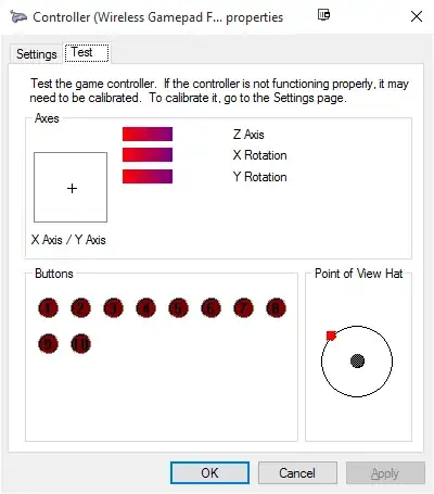 Figure 5: Game Controllers > Controller (Wireless Gamepad F710) > Properties – D-Pad Up-Left Pressed