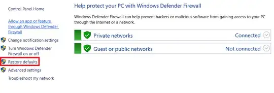 Screenshot of restoring the Windows Defender Firewall settings