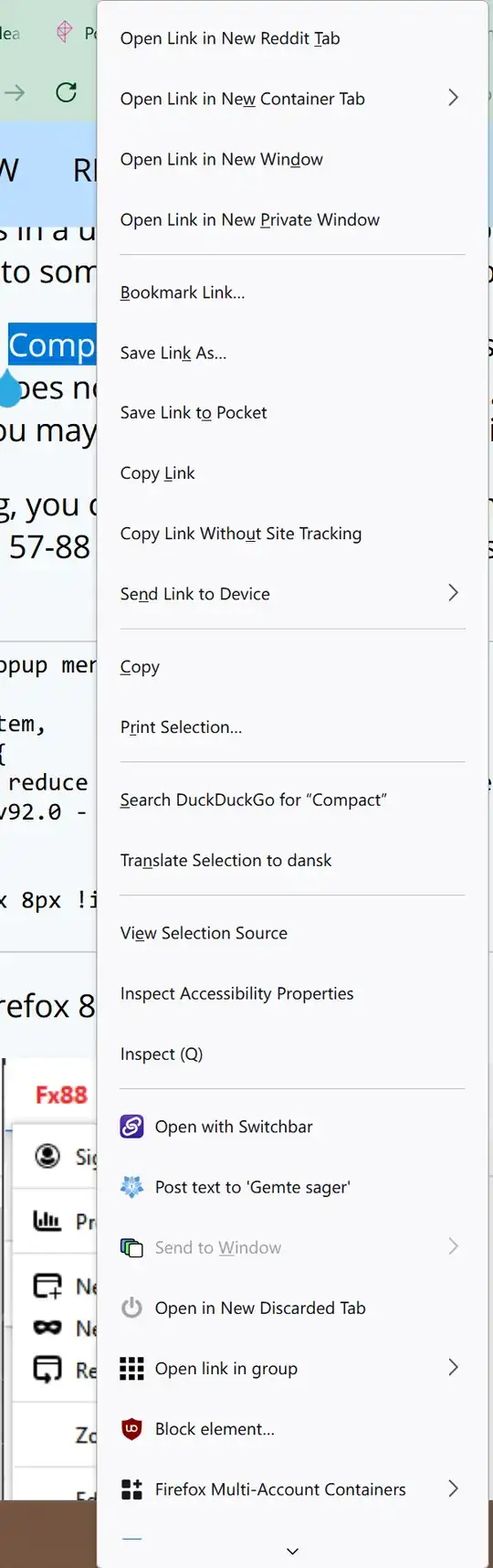 Screenshot of touch context menu