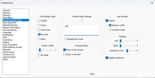 Notepad++ Preferences window - Margins/Borders/Edge