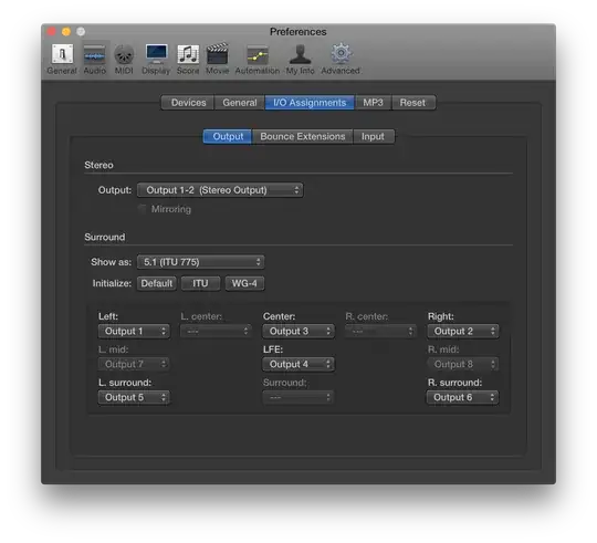 Logic Pro X's Audio preferences panel correctly configured for surround sound output