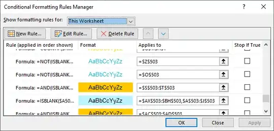 Conditional formatting dialogue showing lack of space