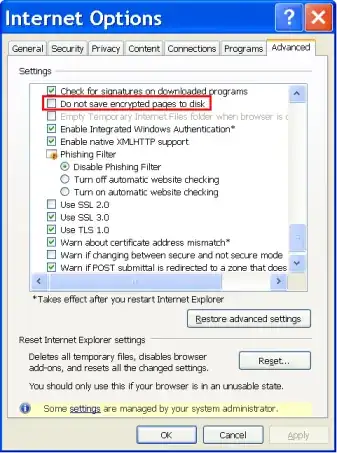 Clear the 'Do not save encrypted pages to disk'