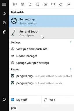 Type "pen" in Start menu and select "Pen and Touch" from the results