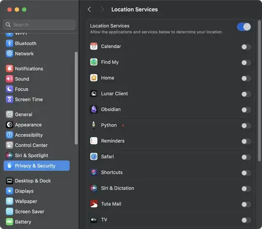 System Settings screenshot showing Python app with untoggled checkmark after apprestart