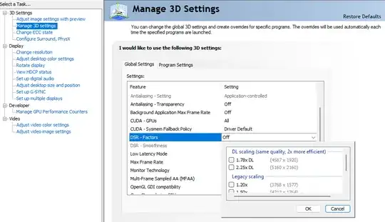 screenshot of the NVIDIA Control Panel's "Manage 3D settings" section with DSR - Factor highlighted