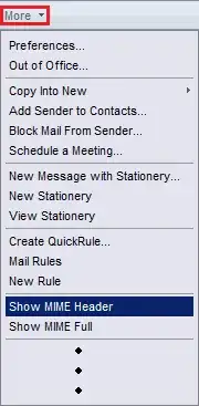 iNotes "More" menu showing "Show MIME Header" command