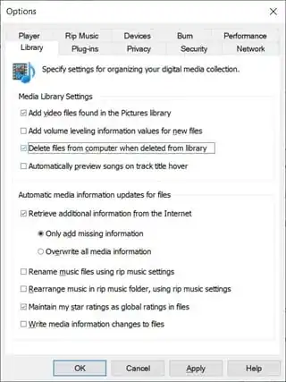 Windows media player Delete files from computer when deleted from library option