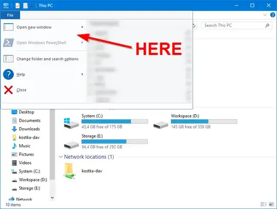 Screenshot of Windows Explorer window with an arrow pointing between "Open new window" and "Open Windows PowerShell", where the missing menu item is supposed to be.
