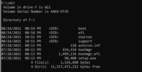 Directory structure of USB drive after copying windows setup files