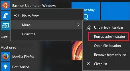 Select 'run as administrator' for Bash start menu shortcut