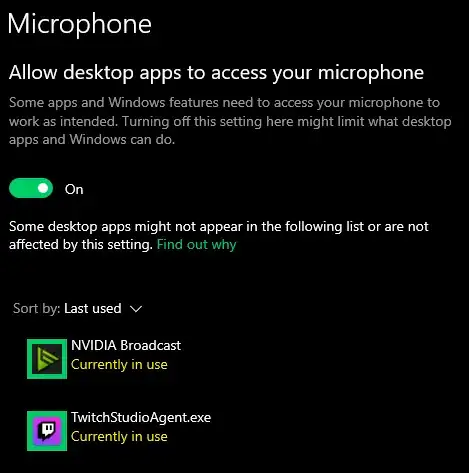 Apps using the microphone sorted by last used time