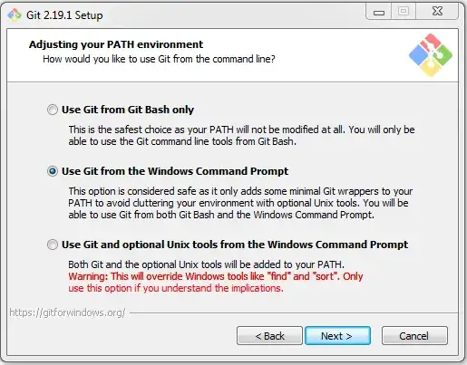 screenshot of Git For Windows installation options for setting the PATH