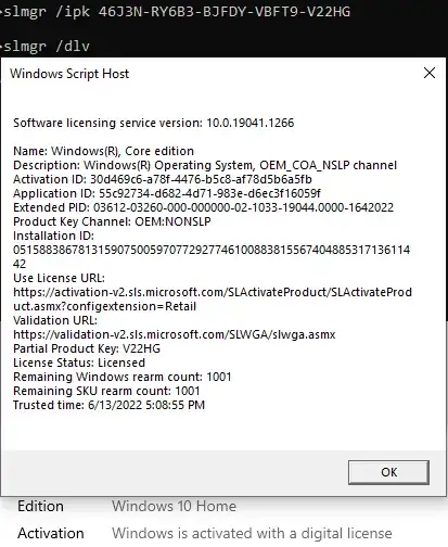 online - "Generic product key for system builders" - "Licensed"  "The machine is permanently activated"