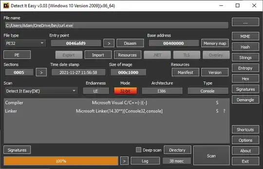 Detect It Easy showing detection of curl.exe compiled with MSVC