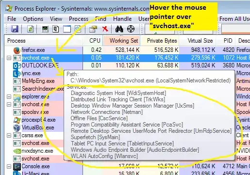 Screenshot of Process Explorer showing services in one svchost.exe process