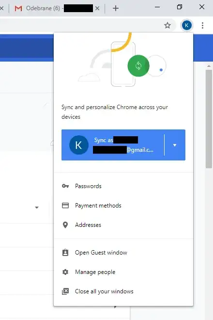 Avatar menu just after signing into Gmail, with the misleading blue button visible