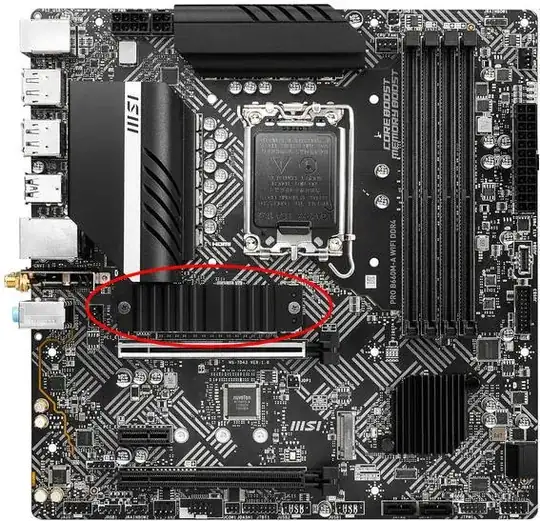 Motherboard photo with upper M.2 location indicated