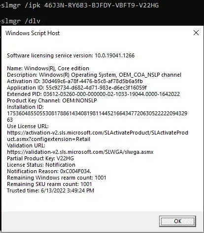 offline - "Generic product key for system builders" - "Windows is in Notification mode"